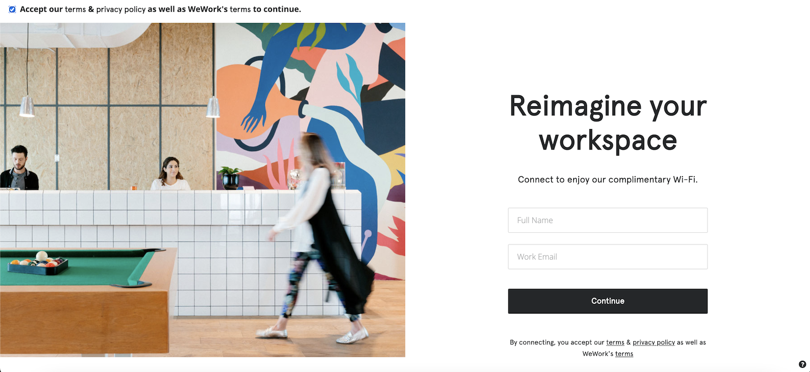 How do visitors and guests connect to the Wi-Fi at WeWork?