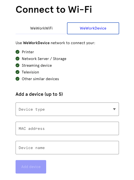 What is the WeWorkDevice Wi-Fi network? How do I connect my device to it?